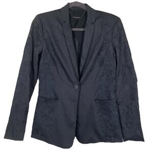Elie Tahari Linen Blend Blazer Jacket Size 4 Navy Embroidered Eyelet Career Boho